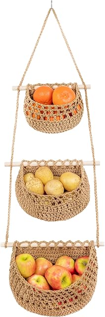 Cotton Hanging Fruit Basket, 3 Tier Woven Wall Basket, Hanging storage baskets for KItchen and Bathroom, Macrame Wall Hanging, Boho Decor Over The Door Organizer, Brown