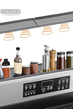 BFONS 30" Magnetic Stove Top Shelf Spice Rack Storage, Silicone Top Heat Material Stove Rack Shelf Flexible Seasoning Organizer Kitchen Shelves Gadgets with 2 Functional Prtitions for Kitchen （Grey）