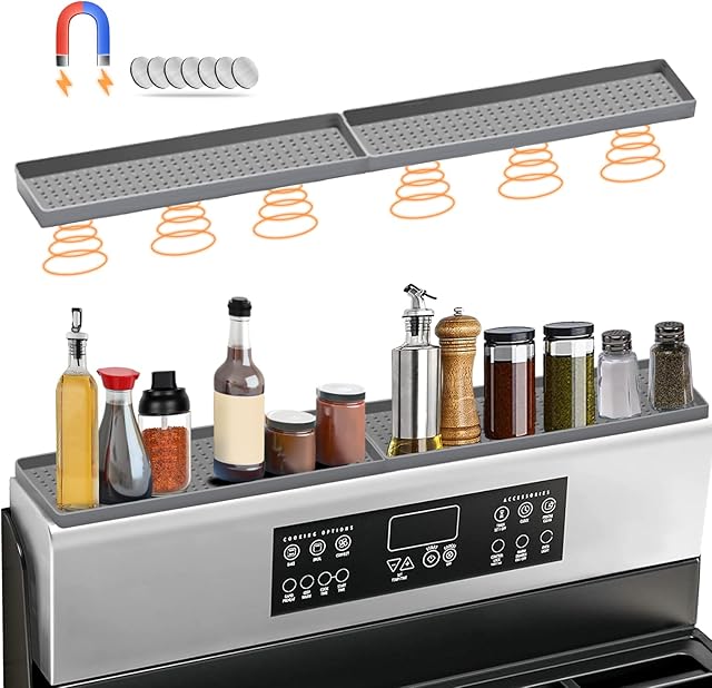 BFONS 30" Magnetic Stove Top Shelf Spice Rack Storage, Silicone Top Heat Material Stove Rack Shelf Flexible Seasoning Organizer Kitchen Shelves Gadgets with 2 Functional Prtitions for Kitchen (Grey)