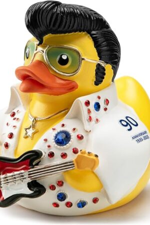 Elvis Duck Figurine, White Jumpsuit Design with Rhinestones, Decorative Collectible, 3.14 x 3.14 x 2.75 inches