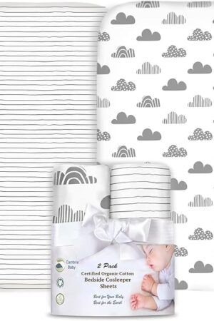 100% Organic Cotton 2 Pk Bedside Sleeper Bassinet Fitted Mattress Sheets for Mika Micky, Baby Delight, Ronbei, Chicco, KoolerThings, Cloud Baby, AMKE, Angelbliss, Maxi-Cosi, Arm's Reach. Cloud, Stripe
