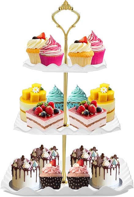 Dessert Cupcake Stand, 3 Tier Cup Cake Holder Tower for Tea Party/Birthday/Wedding, Plastic Tiered Serving Tray with Metal Rod, White