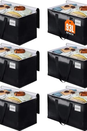 BlissTotes Collapsible Moving Bags - Heavy Duty Boxes with Zippers and Handles, Space Saving Packing Totes for Moving Supplies Storage (93L, 6-Pack, Black)
