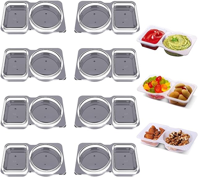 8 Pack Double Compartment Condiment Container -5.5x3.3 inches Plastic Containers with Lids for Sauces, Snacks, and Salad Dressings | Portable Snackle Box, Portion Control Food Storage Solution
