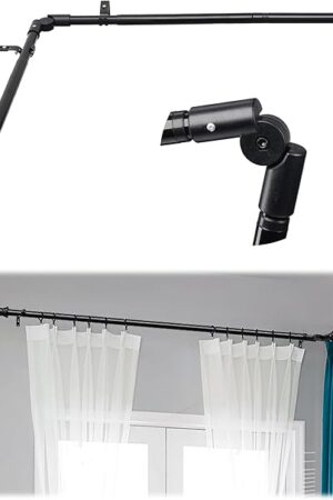 Corner Curtain Rod for Windows 30 to 136 Inches, L-shaped Curved Heavy Duty Corner Window Curtain Rods, Adjustable Renter Friendly 1 Inch Black Drapery Rods for Bedroom Living Room