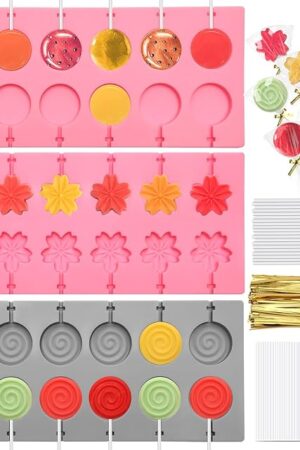 303Pcs Silicone Lollipop Molds Kit, Lollipop Maker Molds Set, Non-Stick Lollipop Candy Molds for Chocolate, 3D Flower Silicone Mold for Hard Candy with 100P Sticks, 100P Candy Bags, 100P Ties
