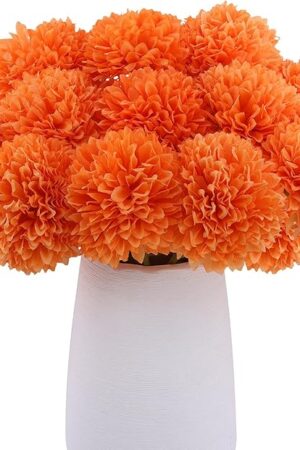 12 Pcs Artificial Chrysanthemums Fall Flowers Silk Orange Marigold Flowers Fake Mums Flower for Wedding Autumn Day of The Dead Home Decor (12, Orange)