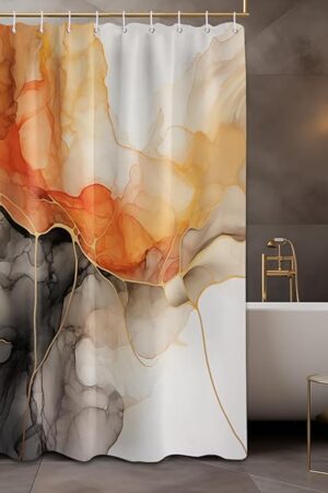 Burnt Orange and Black Marble Shower Curtain Gold Black and Orange Abstract Modren Bathroom Decor, Waterproof Cloth Fabric with Hooks 70''W x 72''L