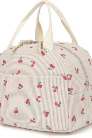 Corduroy Lunch Box for Women Girls, Insulated Lunch Bag Reusable Cooler Tote Bags for Work Picnic School Travel (Beige Corduroy Cherry)