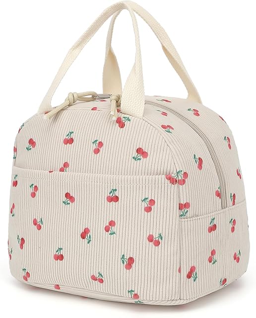 Corduroy Lunch Box for Women Girls, Insulated Lunch Bag Reusable Cooler Tote Bags for Work Picnic School Travel (Beige Corduroy Cherry)