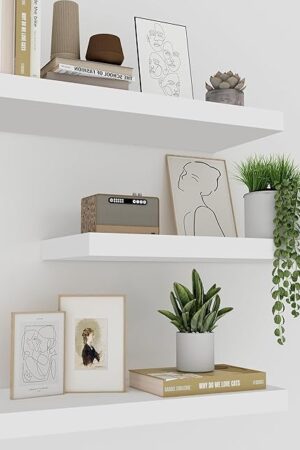 White Floating Shelves for Wall Set of 3, 16" White Shelves for Home Decor, Frame Display Wall Mounted Floating Shelf for Living Room, Bedroom, Bathroom, Kitchen