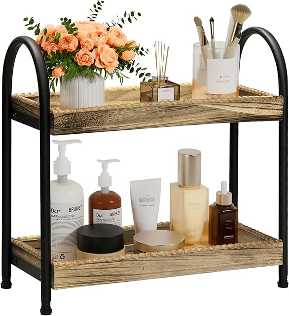 2-Tier Bathroom Countertop Organizer, Wood Bead Storage Shelf, Mordern Tray, Bathroom Shelf and Decor, Vanity Tray for Living Room, Kitchen (2 Tier)