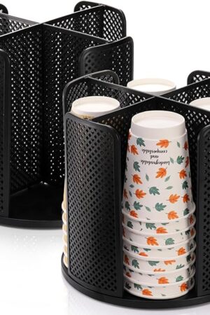 2 Pack Coffee Cup Dispenser, Rotatable 4 Compartment Cup and Lid Holder, Plastic Paper Cup Storage Organizer for Office Restaurant Breakroom Coffee Station Bar Buffet Kitchen Countertop