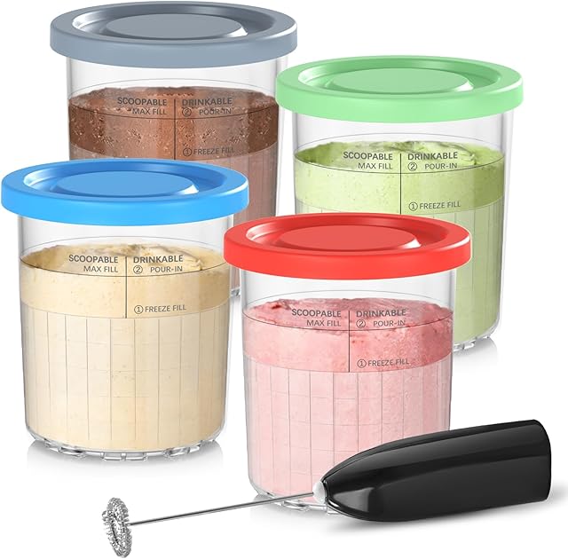 Pint Containers Replacement for Ninja Creami Deluxe Pints and Lids - 4 pack, 24OZ XL Cups Compatible with Ninja Creami 11-in-1 Ice Cream Maker NC500 NC501 Series (Deluxe-Grey/Red/Blue/Mint)