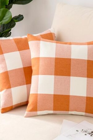 Woaboy Pack of 2 Fall Buffalo Check Throw Pillow Covers Plaids Farmhouse Throw Pillows Linen Soft Decorative Couch Pillow Covers Home Decor Cushion Case for Sofa Bedroom 18x18 Inch Orange and White