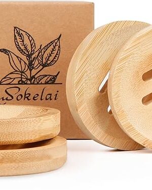 Bamboo Soap Dish for Bar Soap in Shower 4PCS, Wooden Round Holders Self-Draining Tray for Shampoo Conditioner Bars Holder, Travel Soap Saver Case for Bathroom, Kitchen Sink, Bath Tub, Razor Sponges