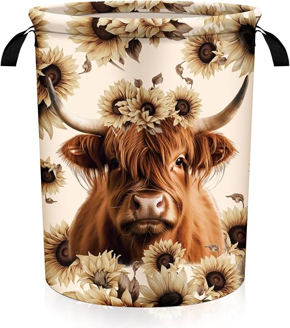 17.7 x 13.7 Inch Highland Cow Laundry Basket Foldable Waterproof Oxford Cloth Laundry Hamper Clothes Storage Bucket Toy Organizer Farm Animal Storage Basket Bin for Bathroom Nursery Office