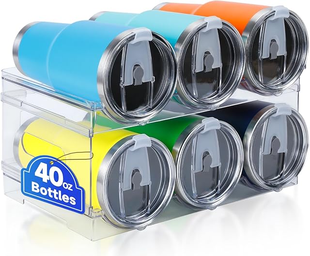 Damomo Water Bottle Organizer for Stanley 40 oz, 2 Pack Stackable Water Bottle Organizer, Clear Holder for Tumbler Travel Mug Cup, Kitchen Pantry Refrigerator Organization and Storage