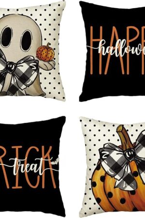 AVOIN colorlife Happy Halloween Cute Ghost Trick or Treat Throw Pillow Covers, 18 x 18 Inch Polka Dot Pumpkin Bat Cushion Case for Sofa Couch Set of 4, Black