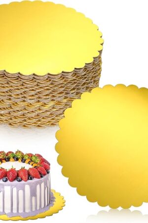 50 Pack 10 Inch Gold Cake Boards Round Disposable Cake Circle Base Board Valentine's Day Cake Cardboard Rounds Scallop Edge Grease Proof Coated Plate for Wedding Christmas Birthday