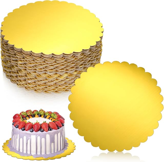 50 Pack 10 Inch Gold Cake Boards Round Disposable Cake Circle Base Board Valentine's Day Cake Cardboard Rounds Scallop Edge Grease Proof Coated Plate for Wedding Christmas Birthday