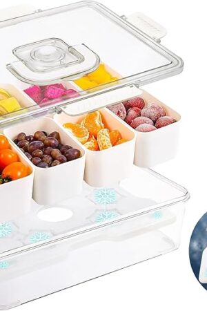 Chilled Serving Tray, Snackle Box Container with Handle, Fruit Platter Tray for Parties, Chilled Condiment Server with Lid, 8 Compartment Snack Container, for Fruits, Veggies,Snacks, Keep Food Cold