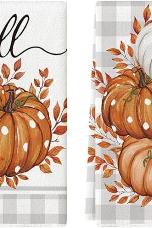 Artoid Mode Orange Buffalo Plaid Leaves Pumpkin Fall Kitchen Towels Dish Towels, 18x26 Inch Farmhouse Decoration Hand Towels Set of 2