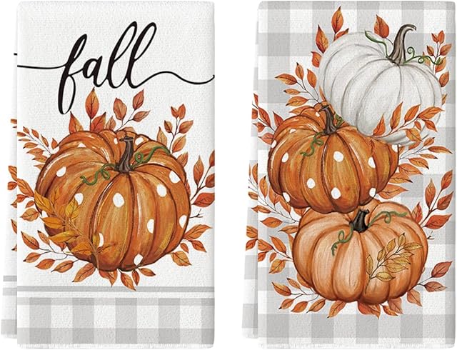 Artoid Mode Orange Buffalo Plaid Leaves Pumpkin Fall Kitchen Towels Dish Towels, 18x26 Inch Farmhouse Decoration Hand Towels Set of 2