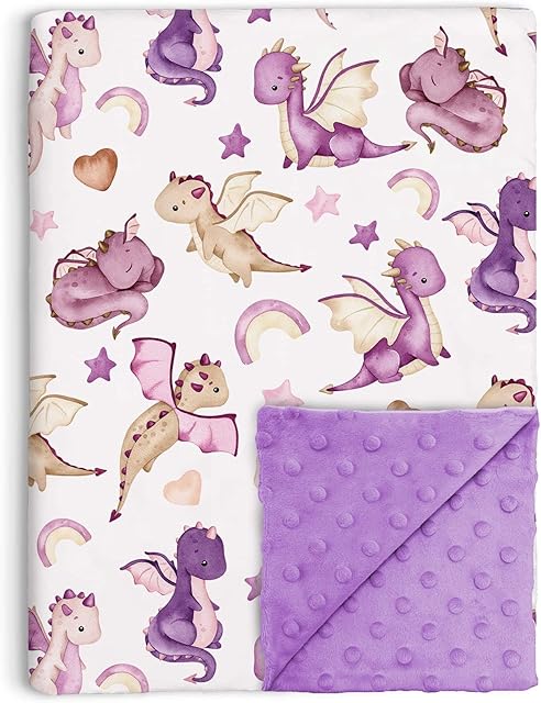 Dragon Baby Blanket for Girls, Purple Fairy Tale Theme Soft Nursery Minky Blankets with Double Layer Dotted Backing, Toddler Baby Crib Stroller Swaddle, Receiving Blankets, 30"x40"