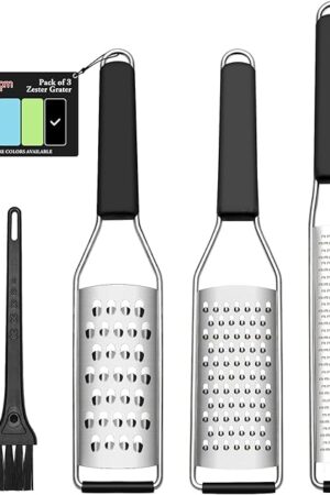 Cambom Lemon Zester Grater Three-piece Suit - Heavy Duty Kitchen Tool for Parmesan Cheese, Ginger, Garlic, Nutmeg, Chocolate, Vegetables，Fruits，Stainless Steel Grater Dishwasher Safe Black