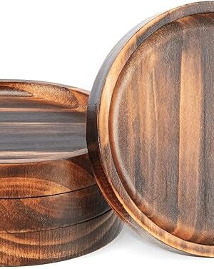 Wooden Coasters for Drinks - Natural Wood Drink Coaster Set for Drinking Glasses, Tabletop Protection for Any Table Type, Set of 4-4.3 Inches (No Holder)