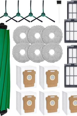 21 Pcs Replacement Parts for iRobot Roomba Plus 405/505 Combo Robot Vacuum Cleaner: 1 Main Brush, 4 Side Brushes, 4 HEPA Filters, 5 Dust Bags, 6 Mop Pads, 1 Cleaning Brush