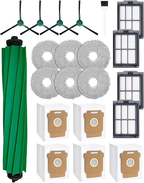 21 Pcs Replacement Parts for iRobot Roomba Plus 405/505 Combo Robot Vacuum Cleaner: 1 Main Brush, 4 Side Brushes, 4 HEPA Filters, 5 Dust Bags, 6 Mop Pads, 1 Cleaning Brush