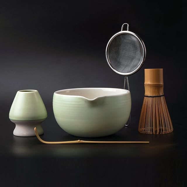 Matcha Kit Set, Ceramic Matcha Bowl with Spout & Holder, Bamboo Whisk, Sifter, Scoop, Traditional Japanese Matcha Tea Making Tools, Complete Gift Set 5-PC