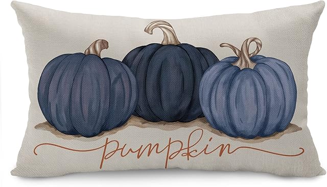 DFXSZ Fall Pillow Covers 12x20 Inch Fall Autumn Thanksgiving Ink Painting Blue Pumpkins Lumbar Pillowcase Cotton Linen DecorativeDecoration for Home Couch