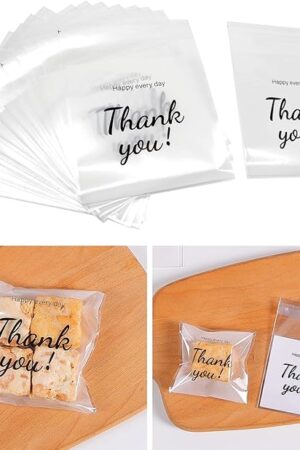 100 Pcs Self Adhesive Cookie Bags, with Thank You sign,Searik White Polka Dot Plastic Pastry Bags for Giving Bakery Candy Cookie Chocolate (4 x 4 Inches, 100 Pcs)