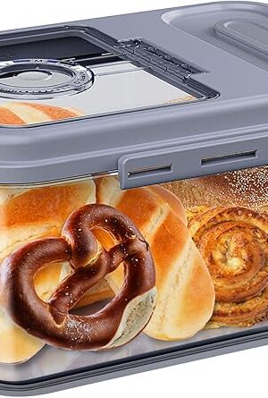 Bread Box Airtight Bread Container for Homemade, Clear Bread Storage for Kitchen Countertop, Time Recording Bread Holder, Bread Keeper with Lid for Toast, Bagel, Donut and Cookies, Grey, S