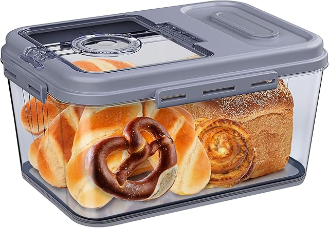 Bread Box Airtight Bread Container for Homemade, Clear Bread Storage for Kitchen Countertop, Time Recording Bread Holder, Bread Keeper with Lid for Toast, Bagel, Donut and Cookies, Grey, S