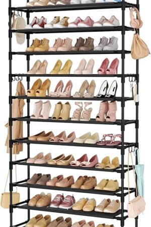 11 Tiers Tall Shoe Rack Holds 55 Pairs of Shoes with 18pcs Hooks Sturdy Wide Shoe Organizer Storage Free Standing Metal Shoe Shelf for Closet, Entryway Black
