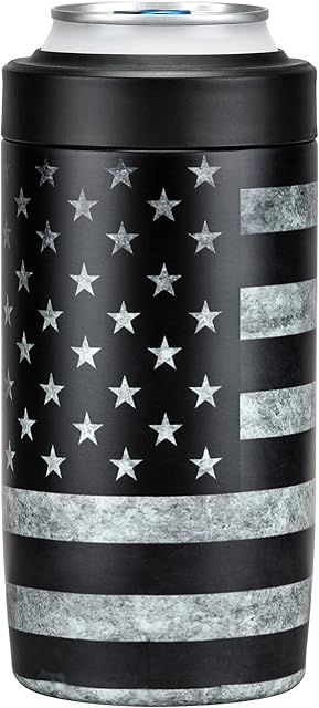 4-in-1 Slim Can Cooler Easy to Hold Insulated Beer Can Holder Double-walled Stainless Steel for All 12 Oz Cans Gift (Black America Flag 2)