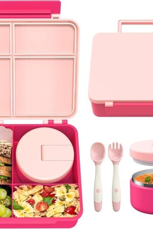 Bento Lunch Box with 8oz Soup Thermo, Leak-Proof Lunch Containers with 4 Compartment, Thermo Hot Food Jar and Insulated Lunch Box for School Pink