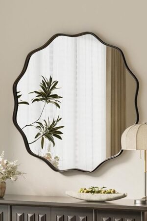 Black Scalloped Circle Mirror, 20" Wavy Edge Round Wall Mirror with Tempered Glass Textured Circular Metal Deep Frame, Hanging Leaning for Bathroom, Hallway, Entryway, Livng Room