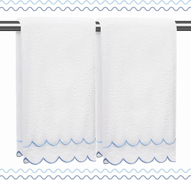 100% Cotton Hand Towels for Bathroom 2 Pcs Scalloped Hand Towels 16 * 27 Inch Embroidered Decorative 600 GSM Soft Absorbent Bath Towel for Spa Yoga Hotel Sport (Blue)