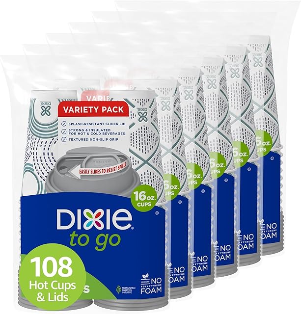 Dixie To Go Paper Coffee Cups With Lids, 16 oz, 108 ct, Disposable Insulated Paper Cups for On-The-Go Hot or Cold Beverages