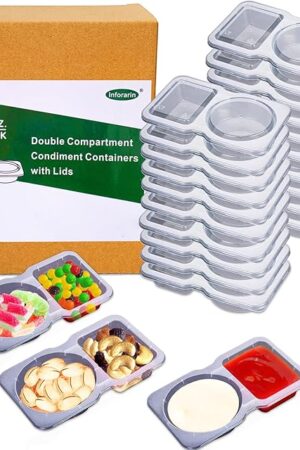 20 Sets Disposable Condiment Container with Lid, Double Compartment Plastic Container for Used for Travel Size Condiments, Snack, Dipping Sauce