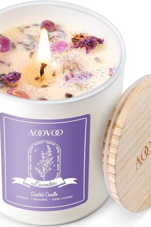 AOOVOO Lavender Scented Candles for Women - Aromatherapy Candle with Crystals Inside, 10oz Soy Candles for Home Scented, Birthday Gifts Mothers Day Candle for Women Mom