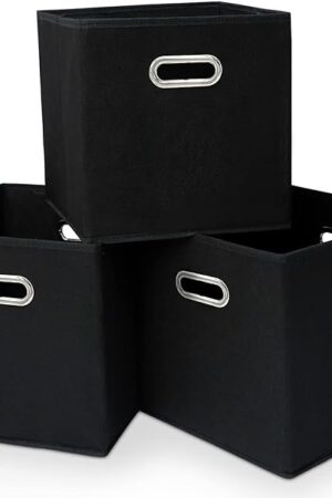Black Fabric Cubby Storage Bins，13x13x13 Inches ，Cube Organizer Bin Foldable Storage Boxes with Dual Handles Fabric Organizer Box and collapsible Storage basket，Set of 3 ，Black