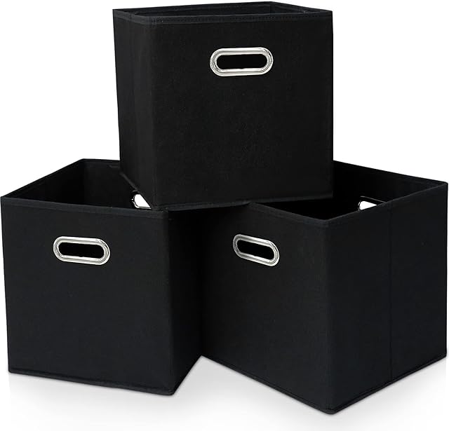 Black Fabric Cubby Storage Bins,13x13x13 Inches ,Cube Organizer Bin Foldable Storage Boxes with Dual Handles Fabric Organizer Box and collapsible Storage basket,Set of 3 ,Black