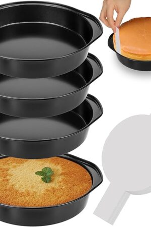 8 Inch Cake Pan, Nonstick 4 Pack Round Cake Pans with 100PCS Pre-cut Parchment Paper for Birthday Christmas, Durable Circle Cake Pan Sets with Handle for Baking Multi-Layer Cakes, Dishwasher Safe