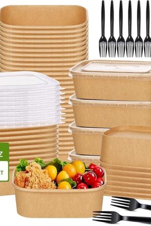 50-Pack 29oz Disposable Kraft Paper Bowls?with Lids and Forks】, Meal Prep Containers Disposable Large Paper Bowls, Leakproof Deli Food Containers Treat Serving Bowls, Microwave Safe for Hot/Cold Food